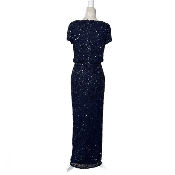 Adrianna Papell | Navy Sequin Dress with Short Sleeves & Side Split - Picture 8 of 13